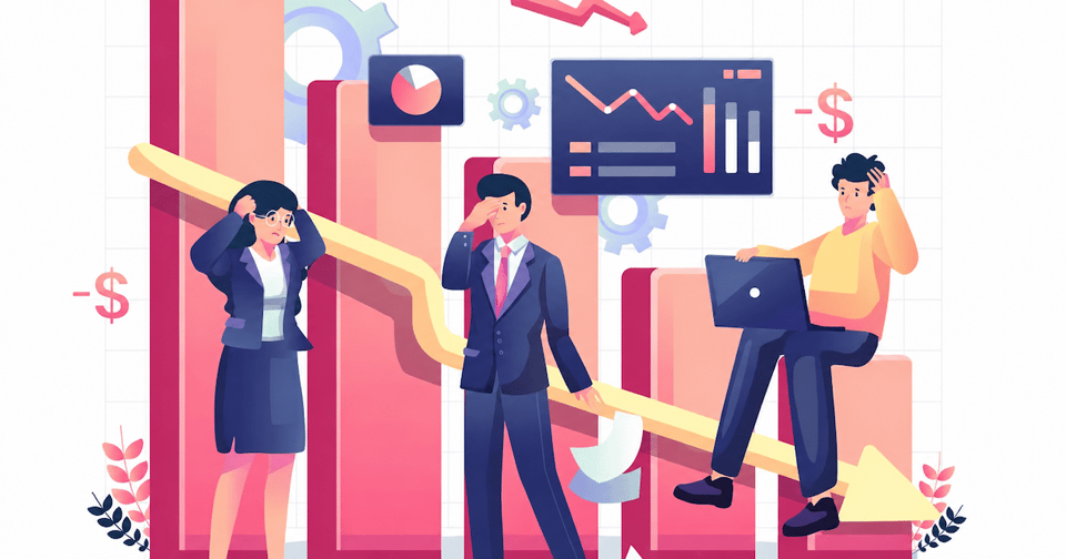 Gestresste Geschäftsleute betrachten sinkende Rankings auf einem Analytics-Dashboard