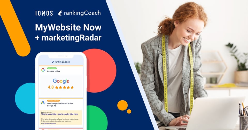 IONOS MyWebsite Now and marketingRadar integration graphic.