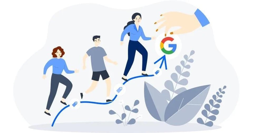 Menschen folgen einem Pfad zum Google-Logo für die Keyword-Recherche