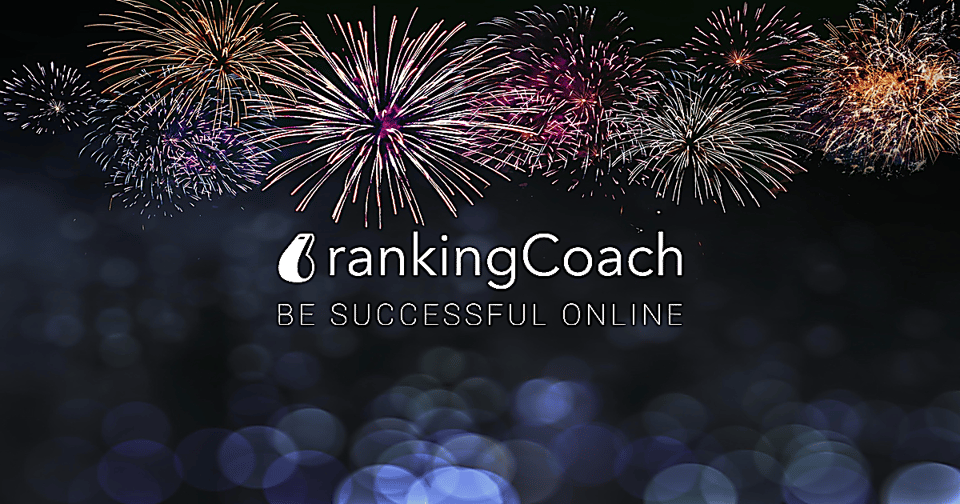 rankingCoach celebration graphic with fireworks and company logo.
