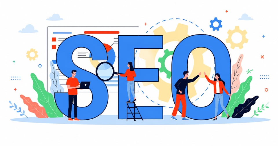 Ilustração de pessoas a trabalhar com letras SEO, lupa e engrenagens