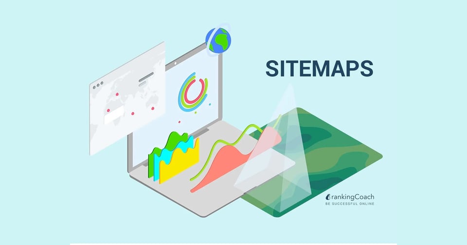 illustration of a laptop with analytics charts, a globe, and the word Sitemaps
